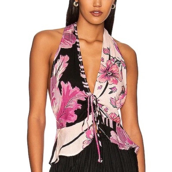 Free People Tops - Free People XSm Top Hot Tropics Floral Dark Combo Cinched Halter Racerback NWT